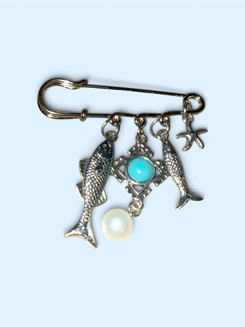 Silver Fish Charm Brooch with Turquoise and Pearl Accents